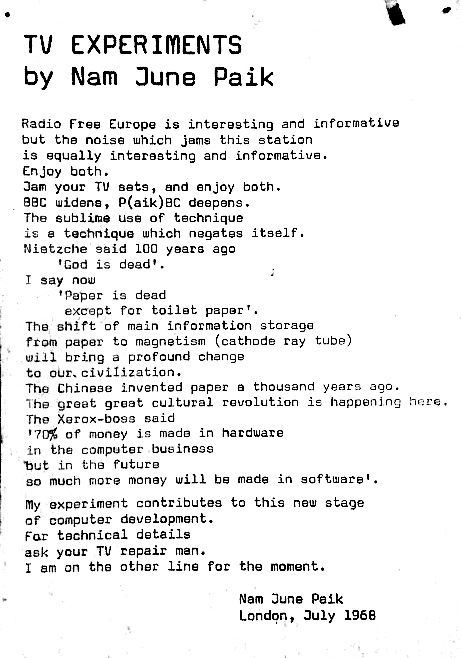 TV EXPERIMENTS by Nam June Paik 1968